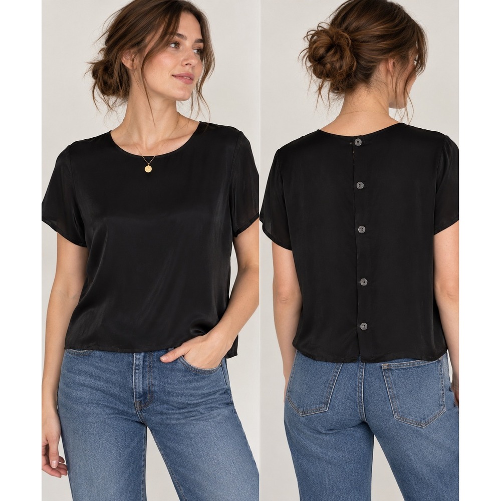 GAP Velvet Silk Blend Top L Black Button Back Short Sleeve Boxy Vintage 90s Luxe